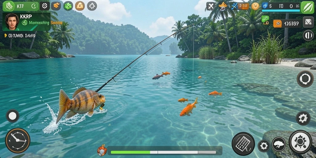 Screenshot KKRP menunjukkan pemain menangkap ikan besar di danau yang indah.