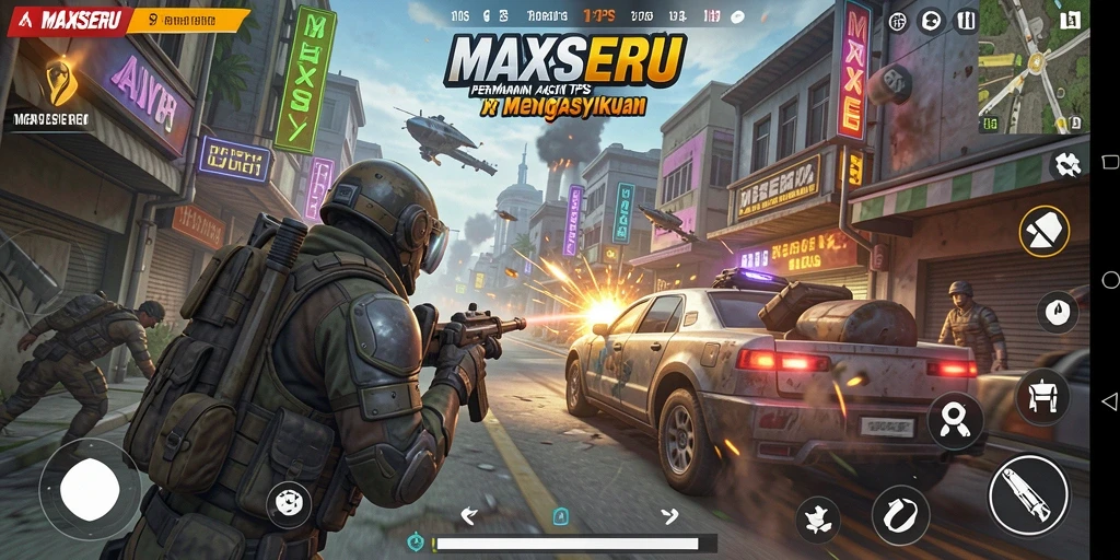 Tangkapan layar gameplay <strong>MAXSERU</strong> dengan aksi tembak-menembak yang mendebarkan.