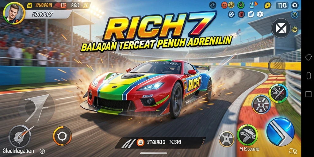 Gameplay RICH7 dengan mobil balap cepat di trek.