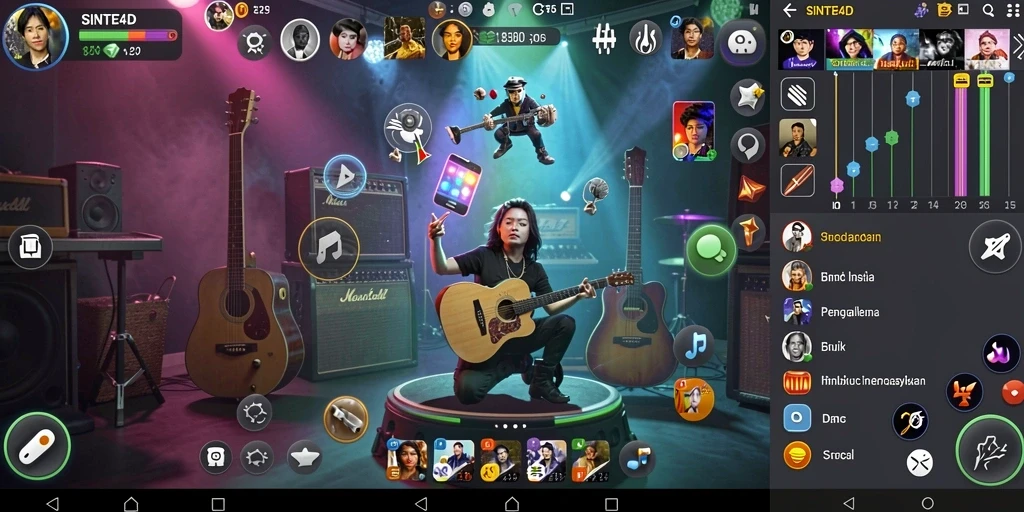 Tampilan gameplay SINTE4D dengan alat musik interaktif.