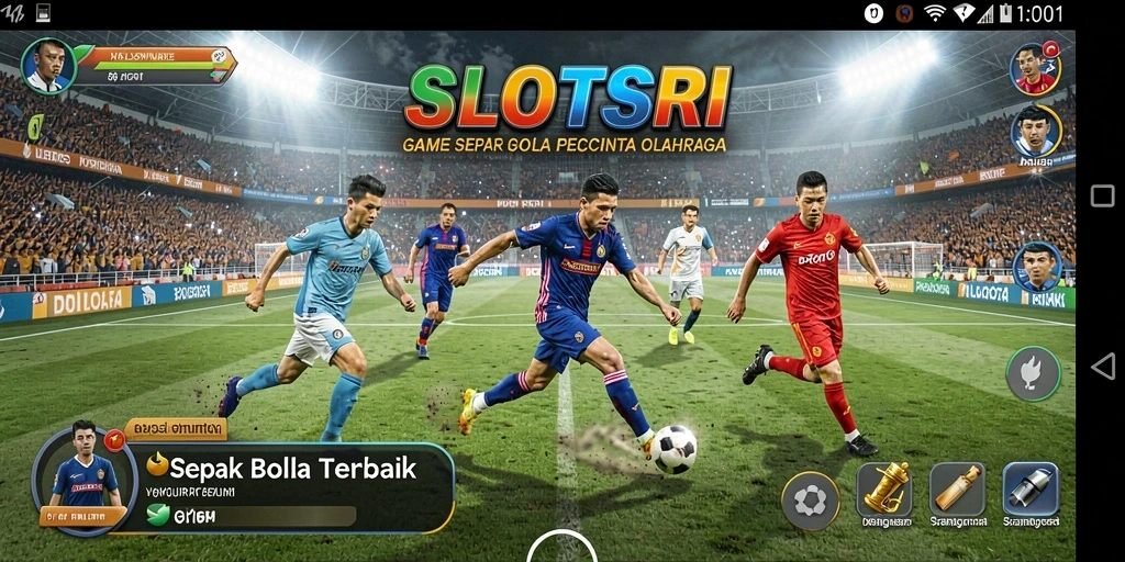 Screenshot gameplay SLOTSRI yang menggambarkan aksi sepak bola yang mendebarkan.