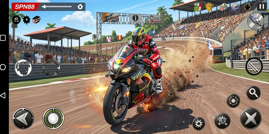 Gambaran gameplay balapan motor yang mendebarkan di SPN88.